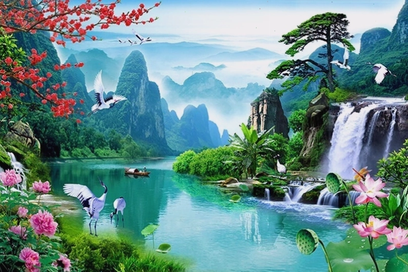 Ảnh avatar 3D phong cảnh với dòng sông uốn lượn qua cánh đồng hoa