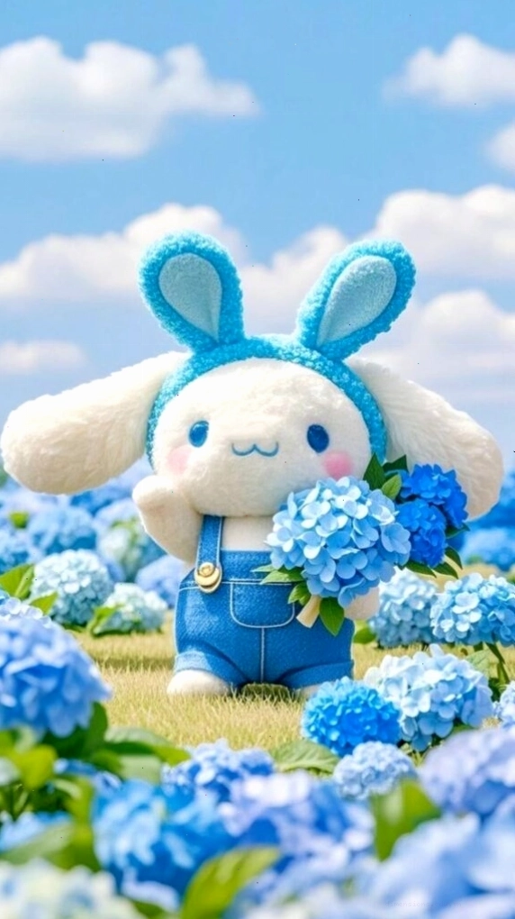 Cinnamoroll anime cute ôm hoa cẩm tú cầu giữa trời xanh