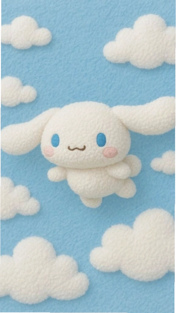 Cinnamoroll giữa những đám mây bông trên nền xanh pastel