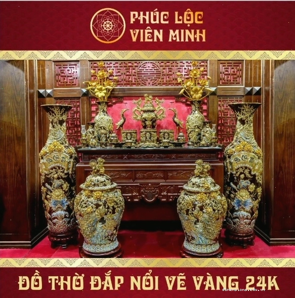 Đồ thờ vẽ vàng 24k đắp nổi gốm sứ Bát Tràng