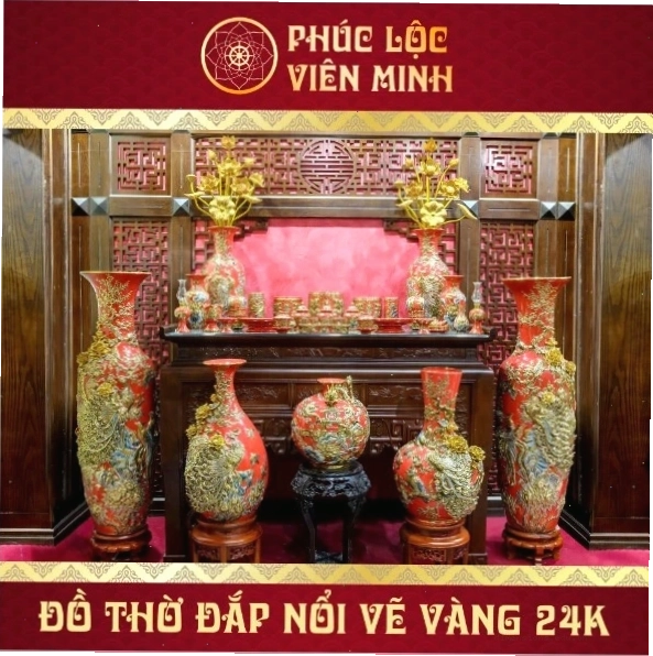 Đồ thờ vẽ vàng 24k đắp nổi gốm sứ Bát Tràng men đỏ