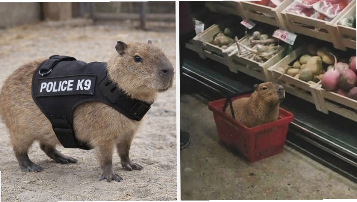 Hai chú Capybara đáng yêu, một đội vest cảnh sát và một ngồi trong giỏ hàng