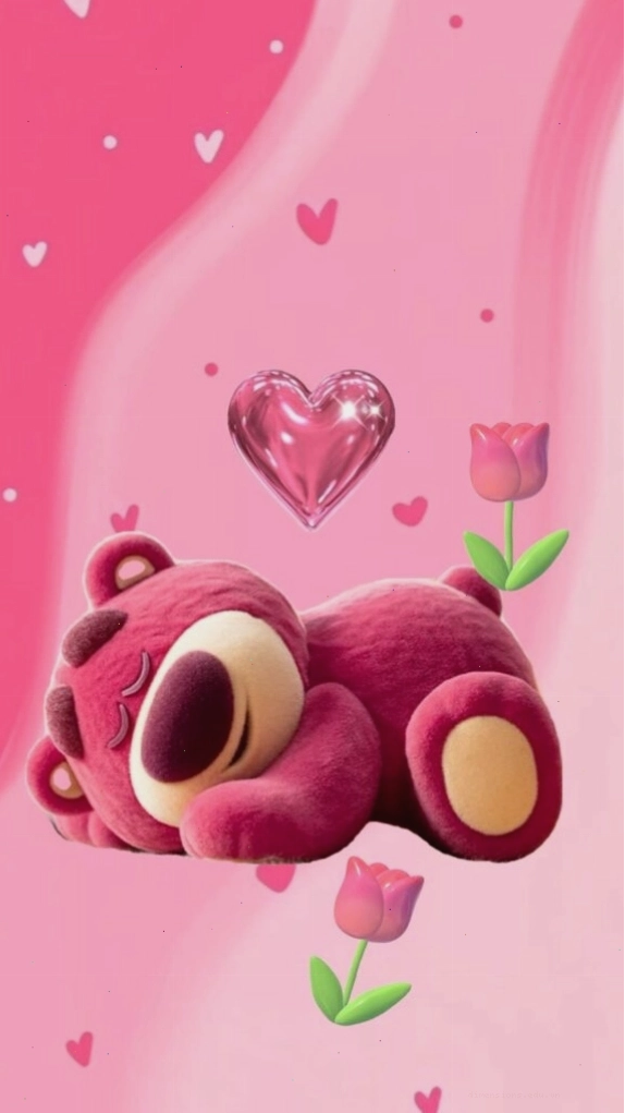 Hình nền gấu dâu Lotso ngủ mơ giữa vòng tay của những trái tim hồng