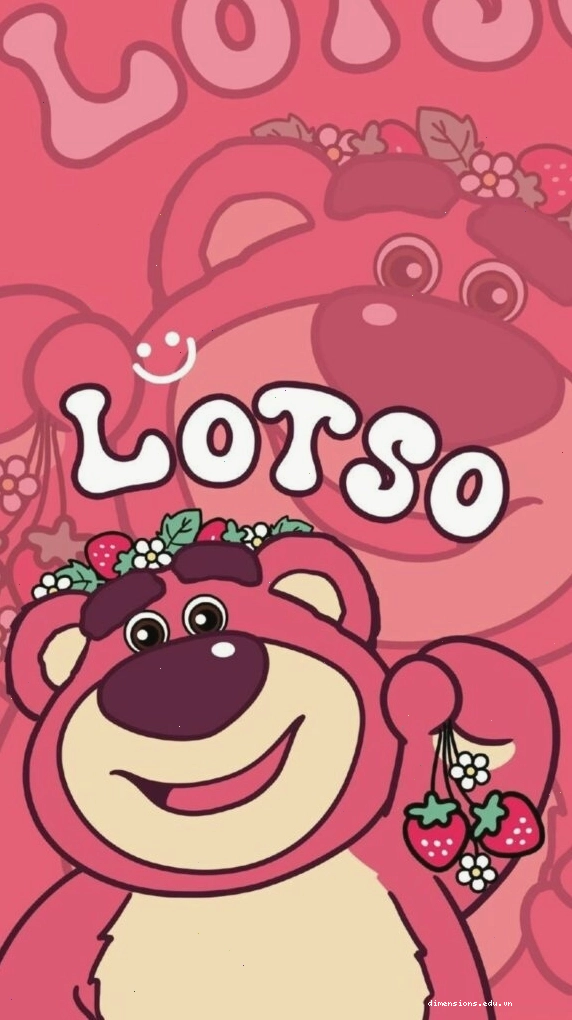 Hình nền gấu Lotso mỉm cười với họa tiết dâu tây xinh xắn
