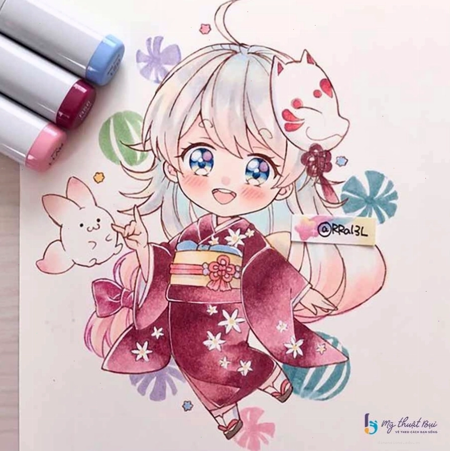 Hình vẽ anime chibi dễ thương của một cô gái với đôi cánh