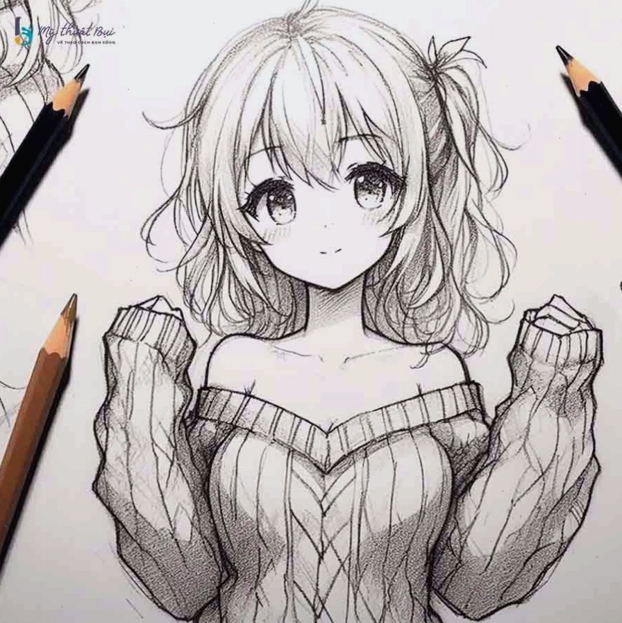 Mẫu vẽ anime nữ với mái tóc dài và trang phục nữ sinh dịu dàng