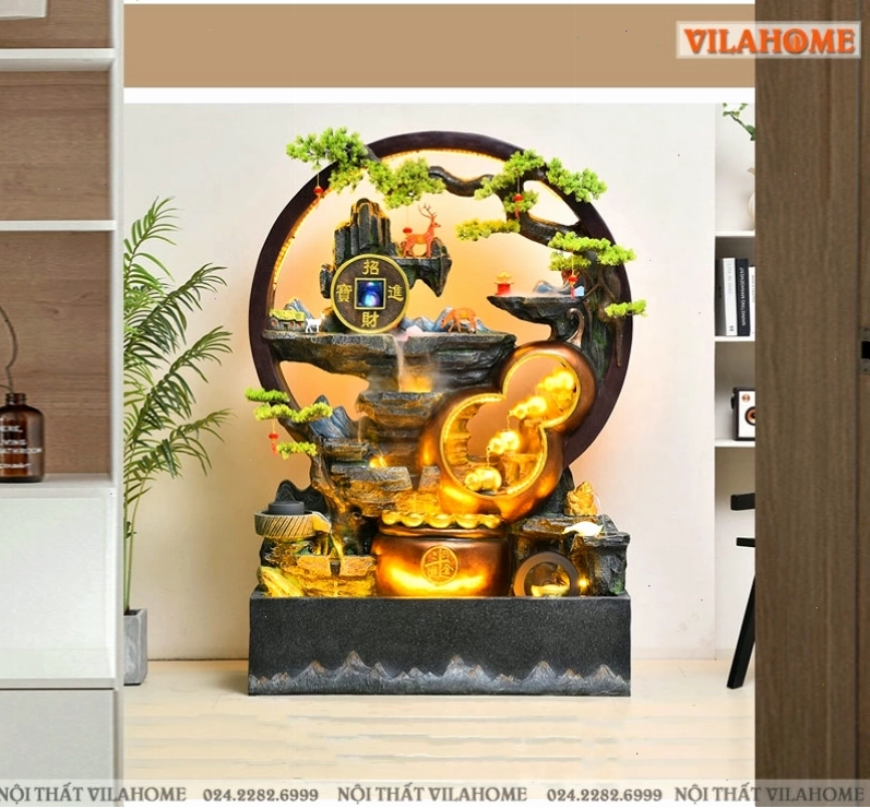 Thác nước phong thủy mini đặt trong bình lục bình