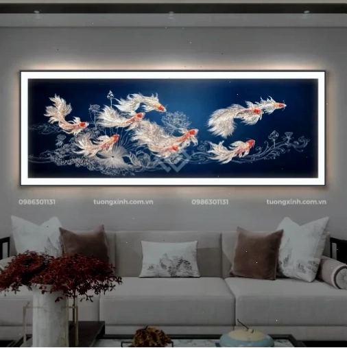 Tranh Cửu Ngư Quần Hội tráng gương đèn LED đính đá cao cấp LD948 - biểu tượng tài lộc