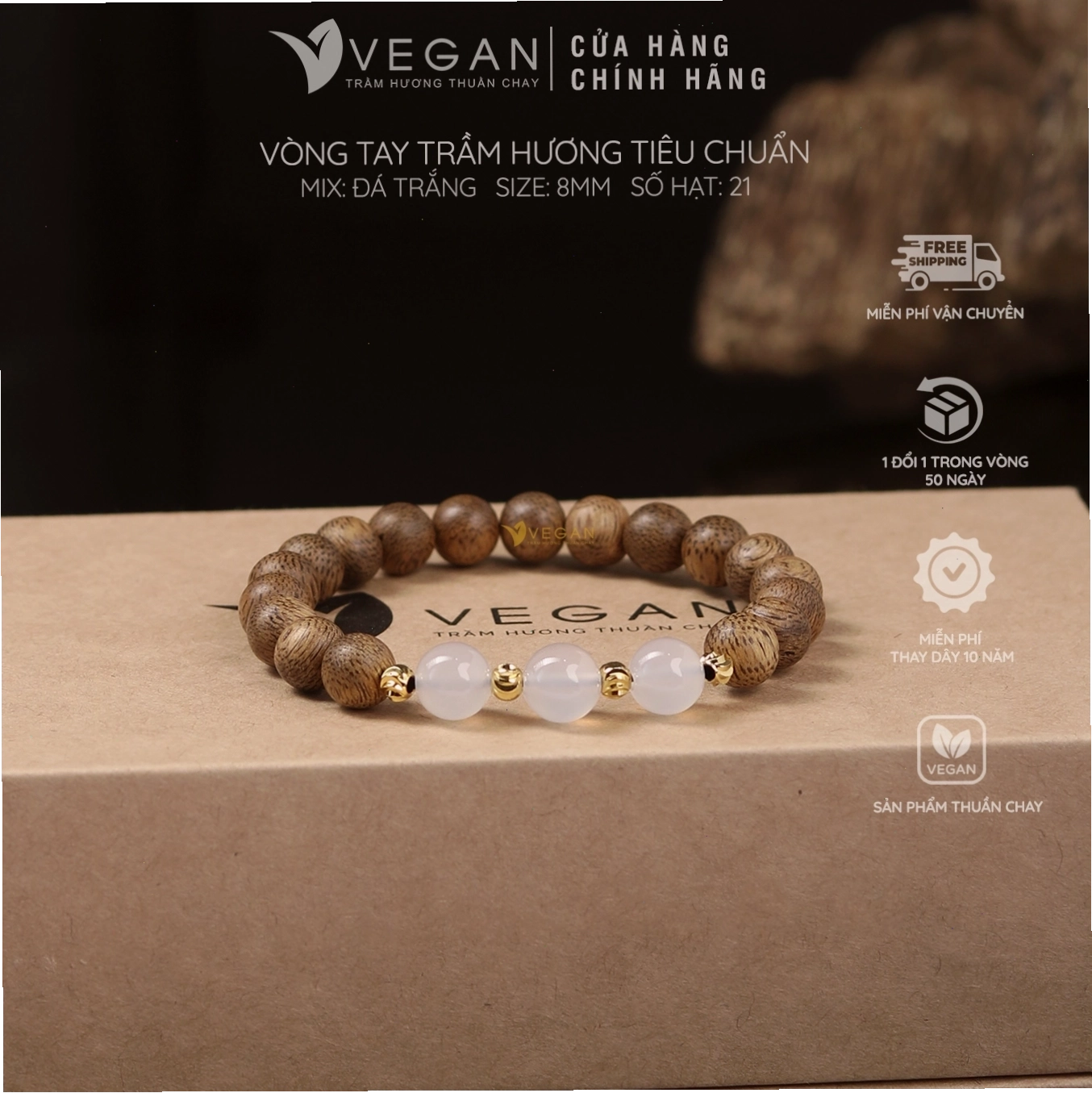 Vòng tay trầm hương thuần chay mix đá trắng